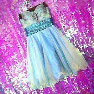 Y2K MINI FORMAL DRESS 0  *FLAWED* Ally's Aqua Blue Butter Yellow Homecoming Prom